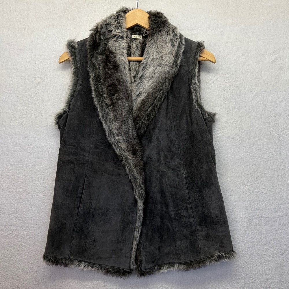 ECRU Faux Fur Trim Suede Vest Women Size M Dark Gray Sleeveless Jacket